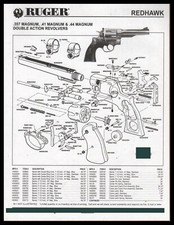 1999 RUGER Redhawk DA 357, 41, 44 Magnum Revolver Schematic Parts List picture