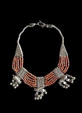 Antique Solid Silver Yemenite Coral Necklace Tribal Jewish Wedding Filigree picture