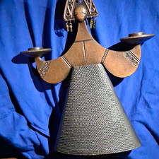 Figural Woman Metal Double Candle Holder, Textured Black/Brown, 9 in, Mid 20th picture