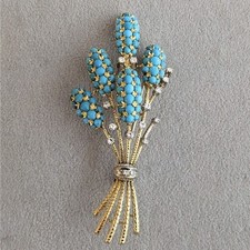 Estate Turquoise and Diamond Clusters Brooch Pin in 18K Yellow Gold Over 2.55