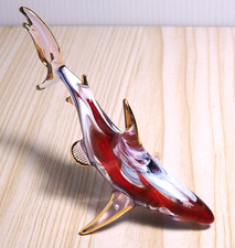 Maroon Blue Shark figurine handmade blown glass art gold trim 4.25