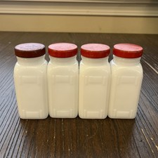 4 Vtg Griffiths Art Deco white Milk Glass Spice Jars Red Metal Cap Lot Farmhouse picture