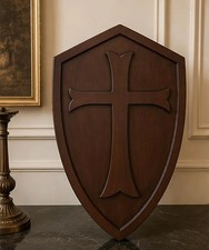 Handcrafted Wooden Shield Wall Plaque Cross Dark Wood Religious Decor Gift picture