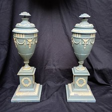 Pair 2 Vtg Hollywood Urns Lamps Table base Metal Jasperware English Style Metal picture