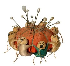 Vintage Oriental Asian Silk Round 8 Figure Pin Cushion With Pearl Head Pins picture