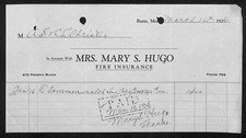 1926 Mrs. Mary S. Hugo Fire Insurance Butte, MT Billhead to Leys Jewelry* picture