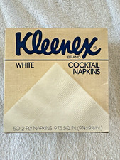 Vintage 1980s KLEENEX White Cocktail Napkins  Blue BOX 50 2-PLY 9 7/8 “ x 9 7/8” picture
