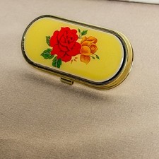 Vintage 1960s Red Orange Rose Floral Enamel Gold Tone Lipstick Holder Vanity C72 picture