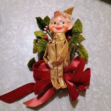Vtg 60s Gold Lamé Metallic Knee Hugger Pixie Elf On Velvet Holly Corsage Japan picture
