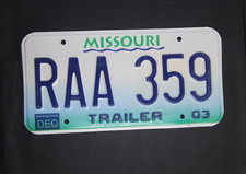 Original 2003 Missouri Trailer License Plate, RAA 359 picture