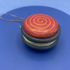 Vtg Wooden Yo-Yo Christmas Ornament With String Hand Painted Red Blue Yoyo picture