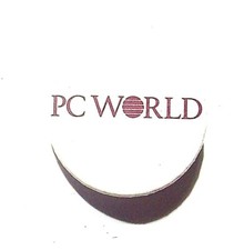 VTG. PC WORLD MAGAZINE PROMOTIONAL PINBACK BUTTON WHITE RED TEXT picture
