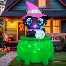 6 FT Halloween Inflatables Cat with Witch Cauldron Decoration Blow up Yard Decor picture