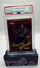 2025 Topps Chrome Marvel Blue & Red Spider Web Refractor Hawkeye 12/62 PSA 7 picture