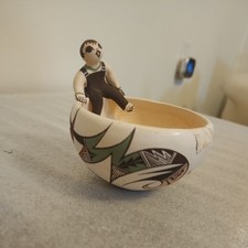 VTG M Henderson Bowl Acoma Pueblo Southwest Native Pottery Signed Damaged picture