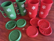 Vintage Tupperware Red Green Christmas Stackable Mugs Cups with Lids Set of 8 picture