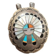 Vintage Zuni Sunface Sterling Silver Mother Pearl Inlay Bolo Slide Signed Bowie picture