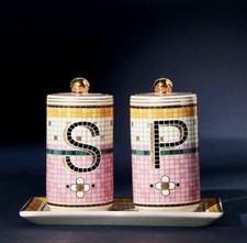 NEW ANTHROPOLOGIE BISTRO GARDEN TILE MOSAIC SALT PEPPER SHAKER 3PC SET BUTTERFLY picture