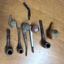 Lot of 7 Vintage Tobacco Smoking Pipes & Parts, Assorted Wood Bowls, Brown/Black picture