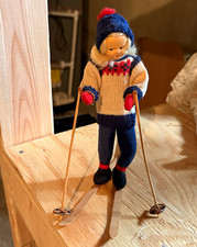 Child Skier Figurine Winter Skiing Christmas Decor Fair Isle Blue White Red picture
