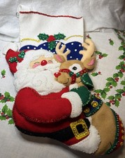 Vintage Bucilla Finished Felt Christmas Stocking - Santa & Rudolph 18 Inch picture