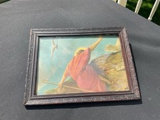 Antique Religious “The Lost Sheep” Small Wood Framed Picture 8” X 6” picture