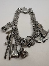 53g STERLING SILVER MASSIVE CHARM BRACELET STATE RING SKIS SEAHORSE HEART picture