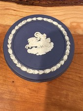 Vintage Blue Wedgewood Chariot Round Trinket Box Jasperware Roman Horse picture