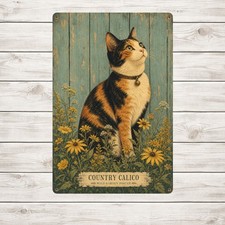 Yellow Wildflowers Calico Cat Tin Sign Weathered Cat Lover Metal Plaque picture