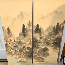 Japanese 2-Panel Landscape Wall Art w/ Mountains River, Calligraphy & Red Seal picture