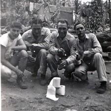 ID'd c1940s WWII US Army Soldiers Camp Snapshot Photo Toilet Paper Beer Bottles picture