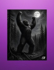 Bigfoot Full Moon Roar ACEO | Black White Cryptid Horror | Forest Beast Card picture