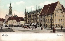 Postcard Zwickau (08056), main market with St. Mary's Church and horse-drawn carriage, colored, unused picture