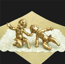 VTG 2 Pcs Small Italian Cherub Figurines Gold Molded Hard Plastic Made in Italy picture