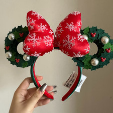 DisneyParks Christmas Holiday Wreath Bow Minnie Mouse Ears Headband NWT US picture