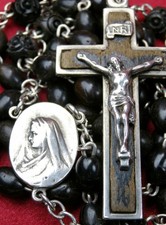 Carmelite Nun’s Antique Sterling Engraved Ebony Bead First Communion Rosary picture