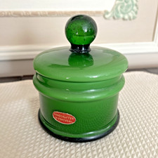 Vintage Emerald Green Opaque Glass Powder Jar with Lid Round Vanity Jar Portugal picture