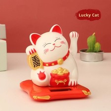 Solar Powered Lucky Beckoning Cat Waving Wealth Fortune Home Office Decor White picture