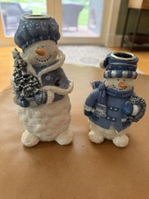 2006 Mr. & Mrs Snowman, Cute. Set of Two Glittering Snowmen Taper Candle Holders picture