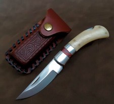 Real Bone Handle Lockback EDC Folding Pocket Knife w/Leather Sheath picture