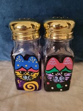 Vintage handpainted Laurel Burch style cats glass salt & pepper shakers picture