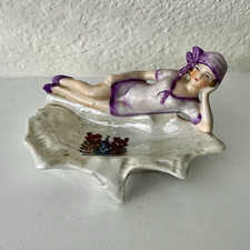 Antique 1920s Art Deco Porcelain Flapper Girl Crested Ashtray Pin Dish Germany picture