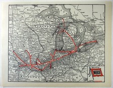 Wabash Railroad - Original 1929 System Map by Parker Engraving. Vintage picture