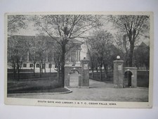 SOUTH GATE & LIBRARY IOWA STATE TEACHERS COLLEGE POSTCARD CEDAR FALLS IA 1918 picture