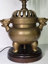 Vintage Chinese Brass Incense Censer Table Lamp Foo Dog Dragon ShiShi Finial picture