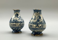 Rare Pair 17thC Italian Savona Majolica Albarello Drug Pharmacy Jar Bottles picture