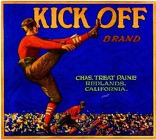 Kick Off Brand Orange Redlands Retro Citrus Fruit Crate Football Label Art Print picture