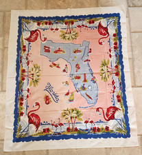 Florida Vtg 50's Pink Background Souvenir Tablecloth Map Flamingos Cities Palms picture