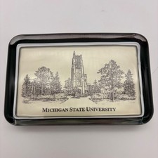 Vintage Michigan State University Beaumont Tower Eglomise Glass Paperweight Desk picture