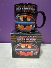 Vintage 1989 Batman Logo Coffee Mug Applause DC Comics Made in Korea Black picture